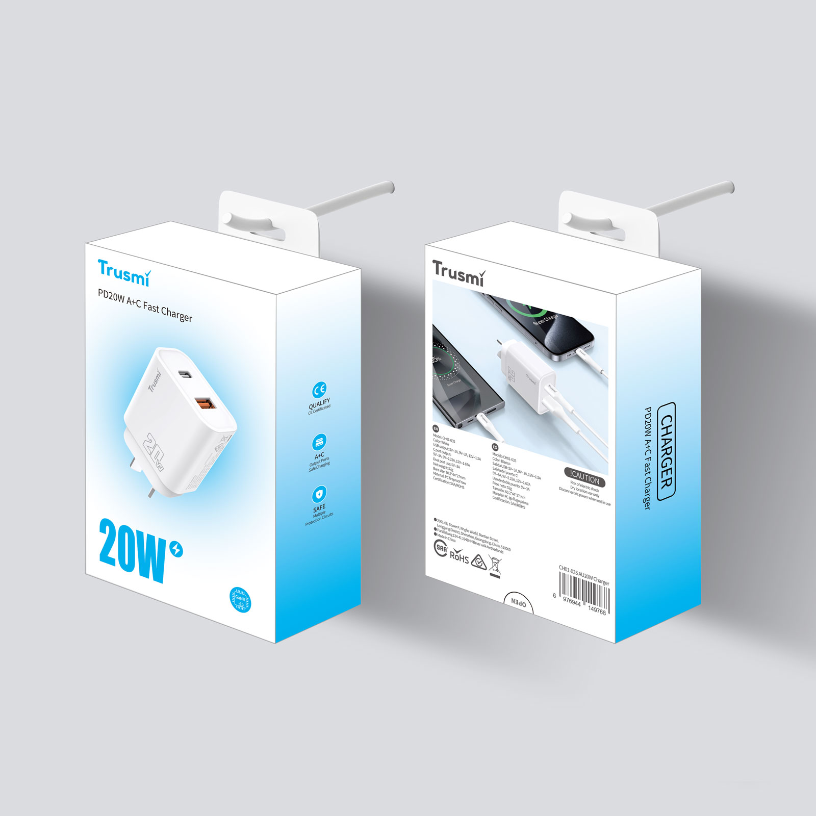 TRUSMI CH01-035 PD20W A+C GaN FAST Charger(AU) White - Image 2