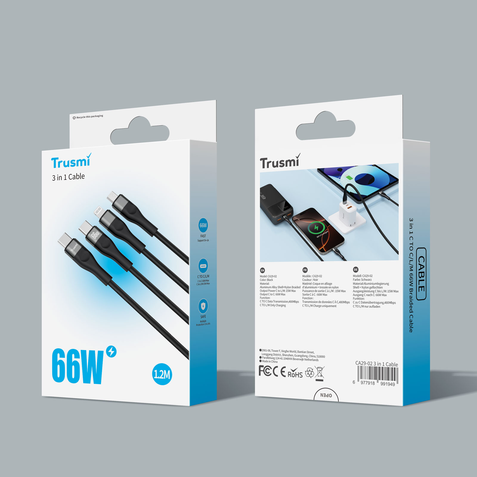 TRUSMI CA29-02 66W 3 in 1 C TO C/L/M 66W Braided Cable Black 1.2M - Image 5