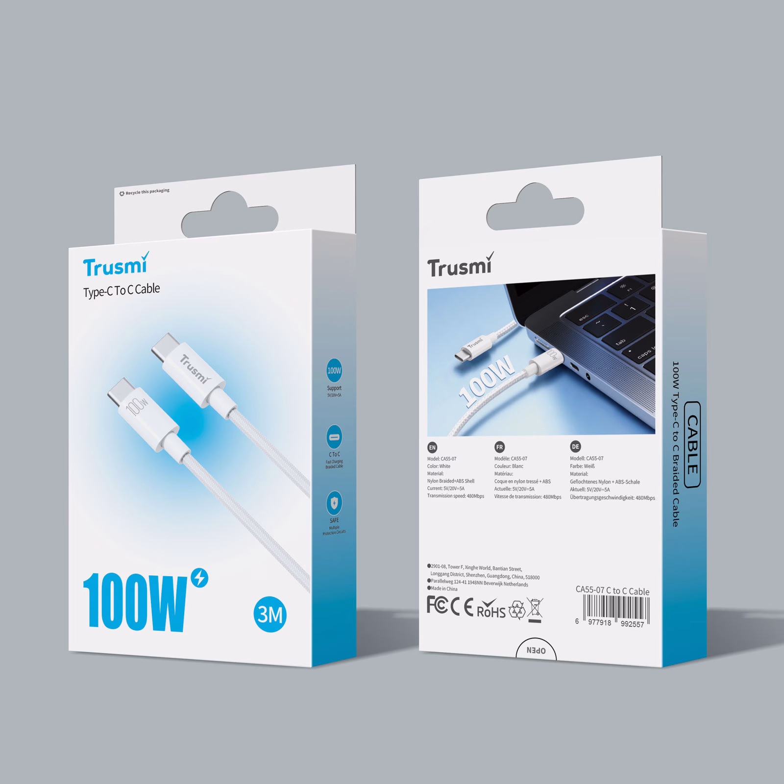 TRUSMI CA55-07 100W C To C Braided Charging Cable White 3M - Image 5