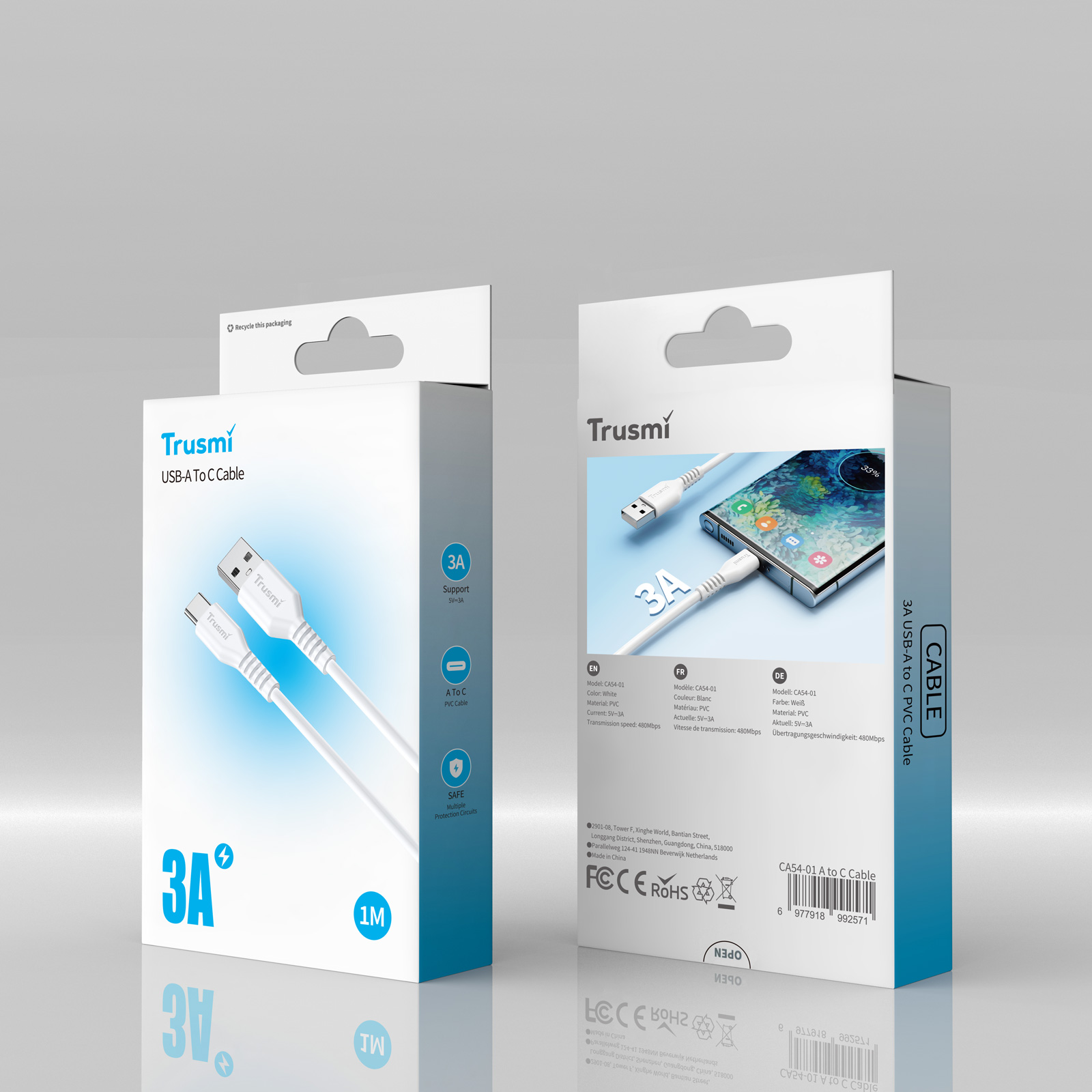 TRUSMI CA54-01 3A A To C Charging Cable White 1M - Image 5