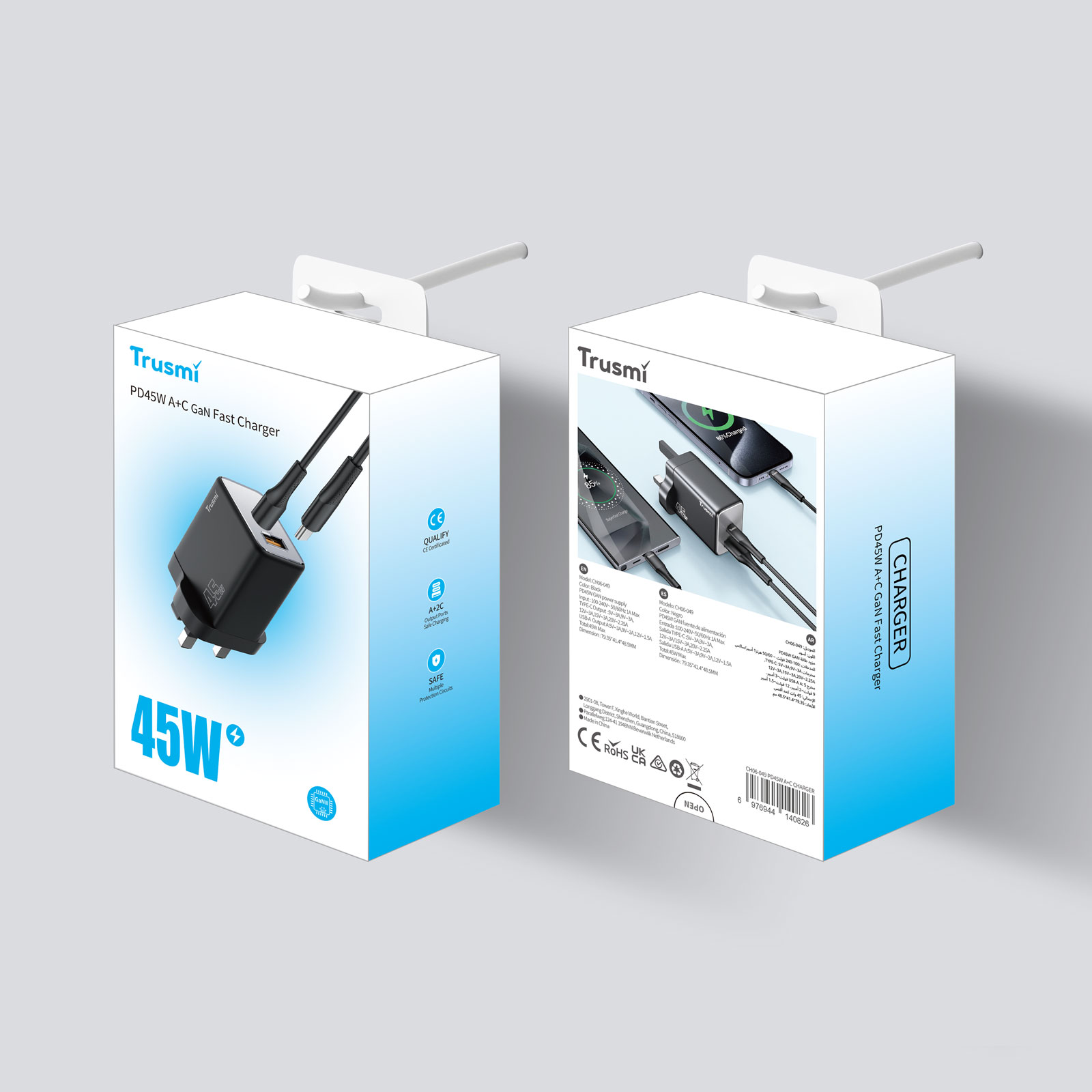 TRUSMI CH06-049 PD45W MINI A+C GaN FAST Charger With C TO C 60W Cable Set (UK)Black - Image 5