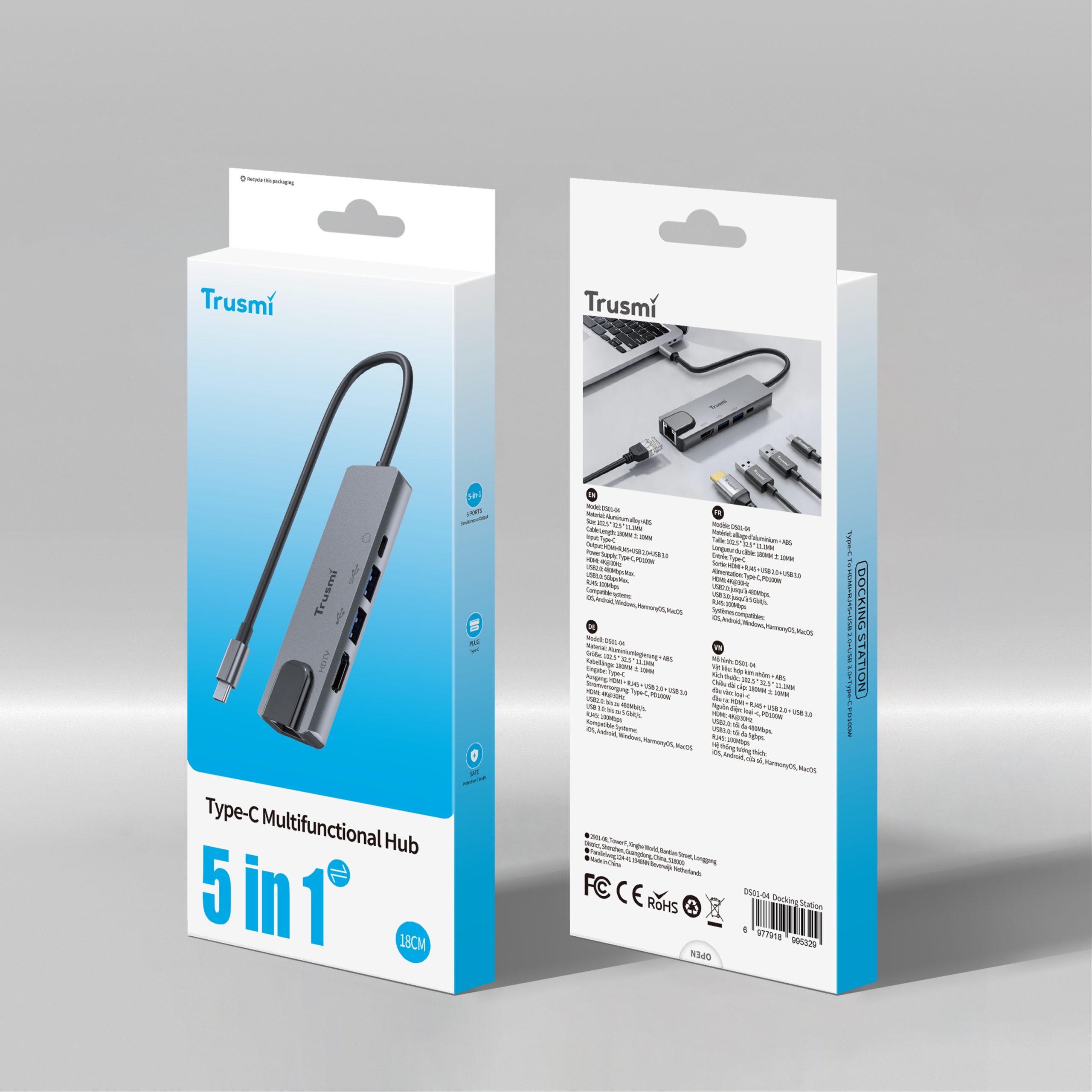 TRUSMI DS01-04 Type-C to HDMi+RJ45+USB2.0+USB3.0+Type-C PD100W - Image 6