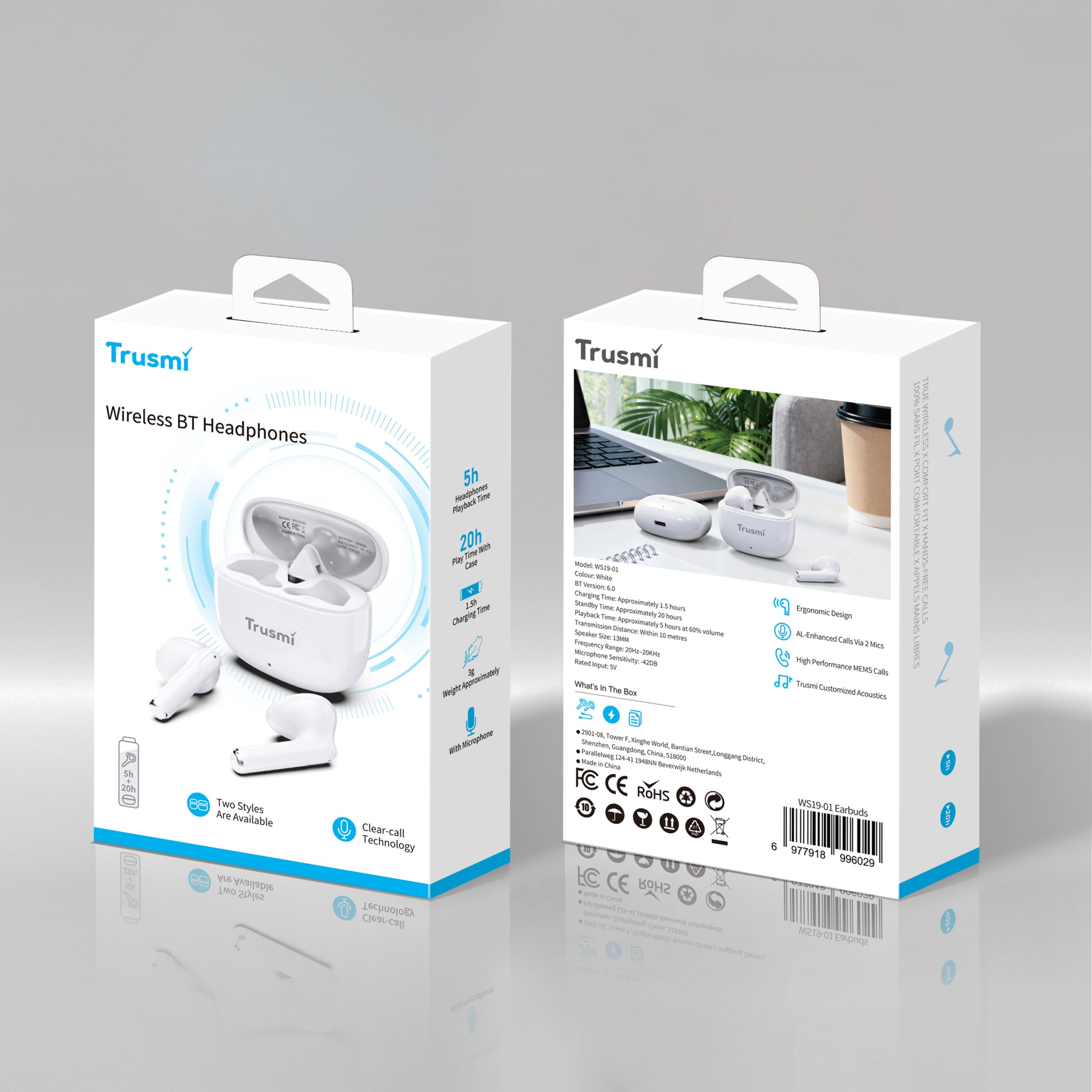 TRUSMI WS19-01 Minimalist Semi-In-Ear Wireless Earphone White - Image 5