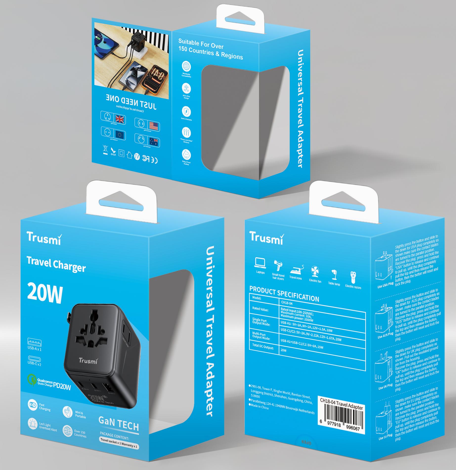 TRUSMI CH18-04 20W Travel adapter 2C1A Charger UK/US/EU/AU Black - Image 2