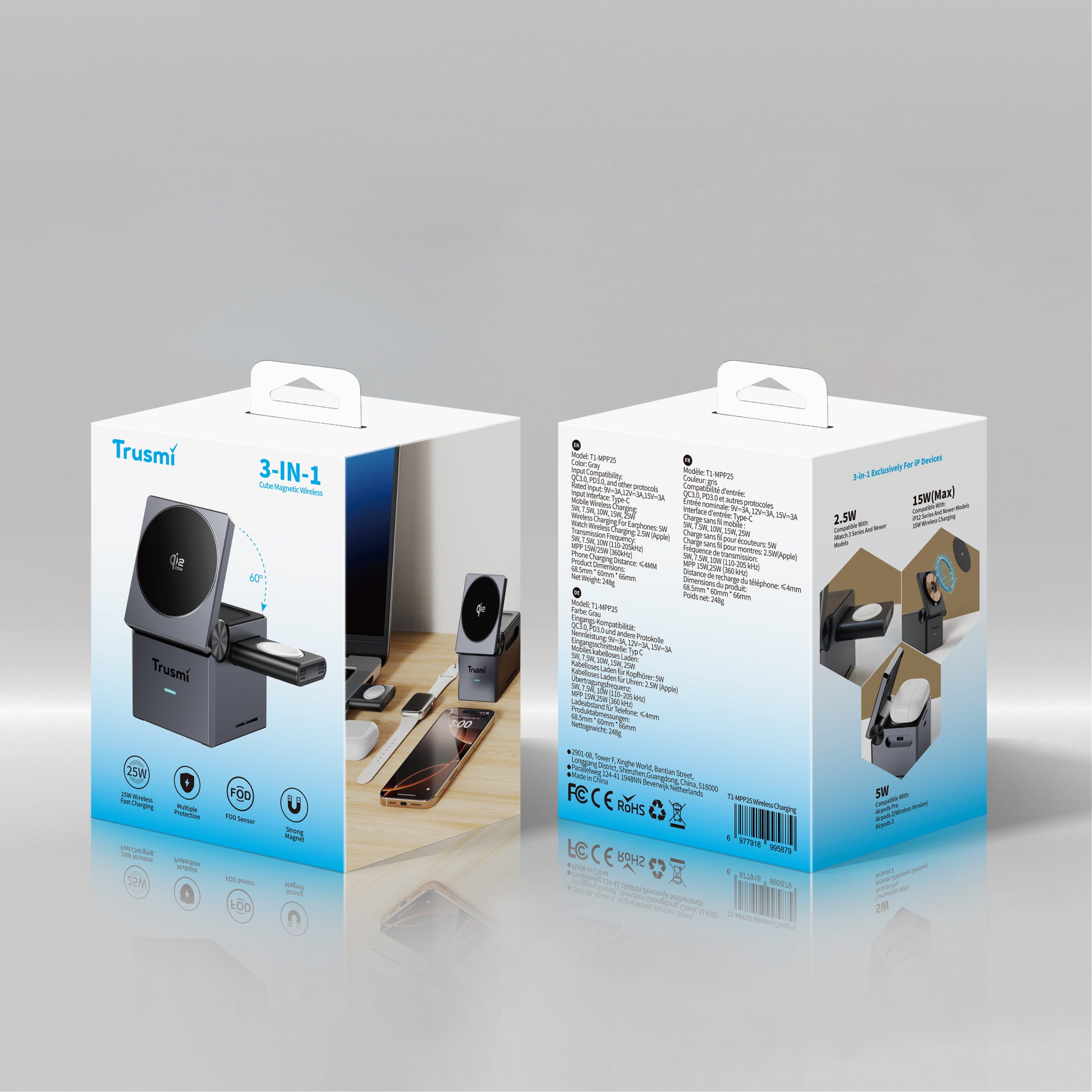 TRUSMI T1-MPP25 Qi2 25W 3-in-1 Cube Wireless Charging Station Gray - Image 5