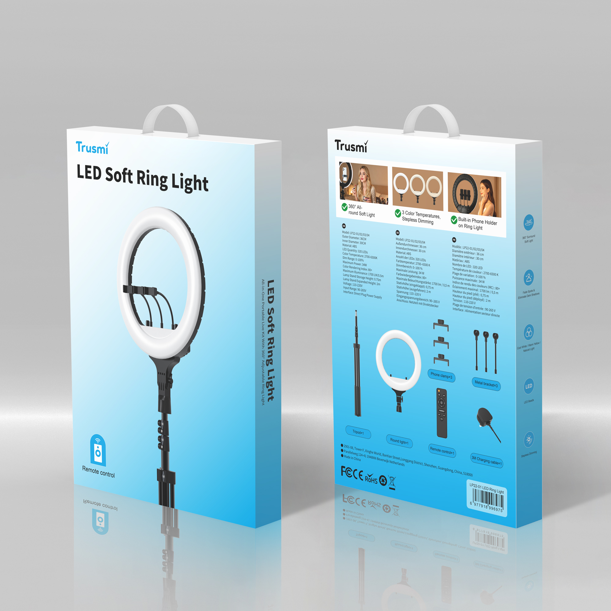 TRUSMI LP22 Series 14-inch ring light (includes 36cm light + 3 phone clips + 3 flexible tubes)AU/EU/US/UK Plugs Optional - Image 7